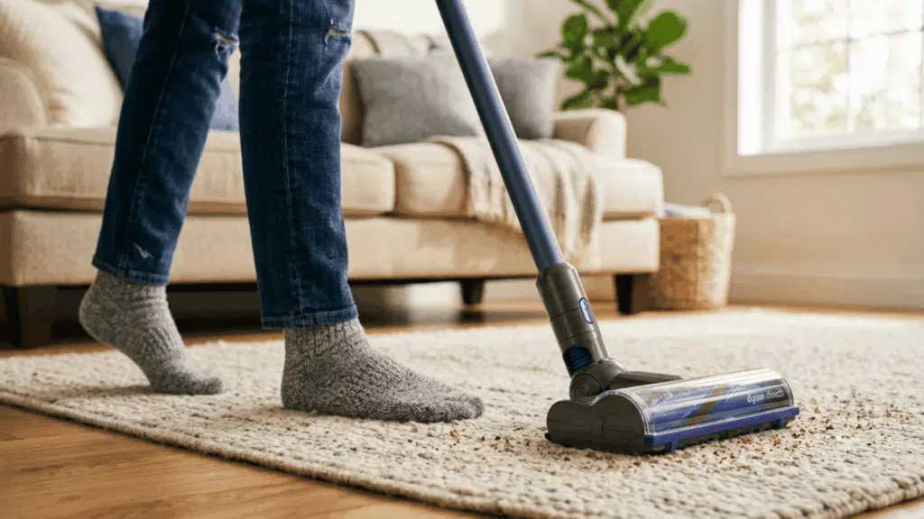 vacuum cleaner removing dust from a living room carpet