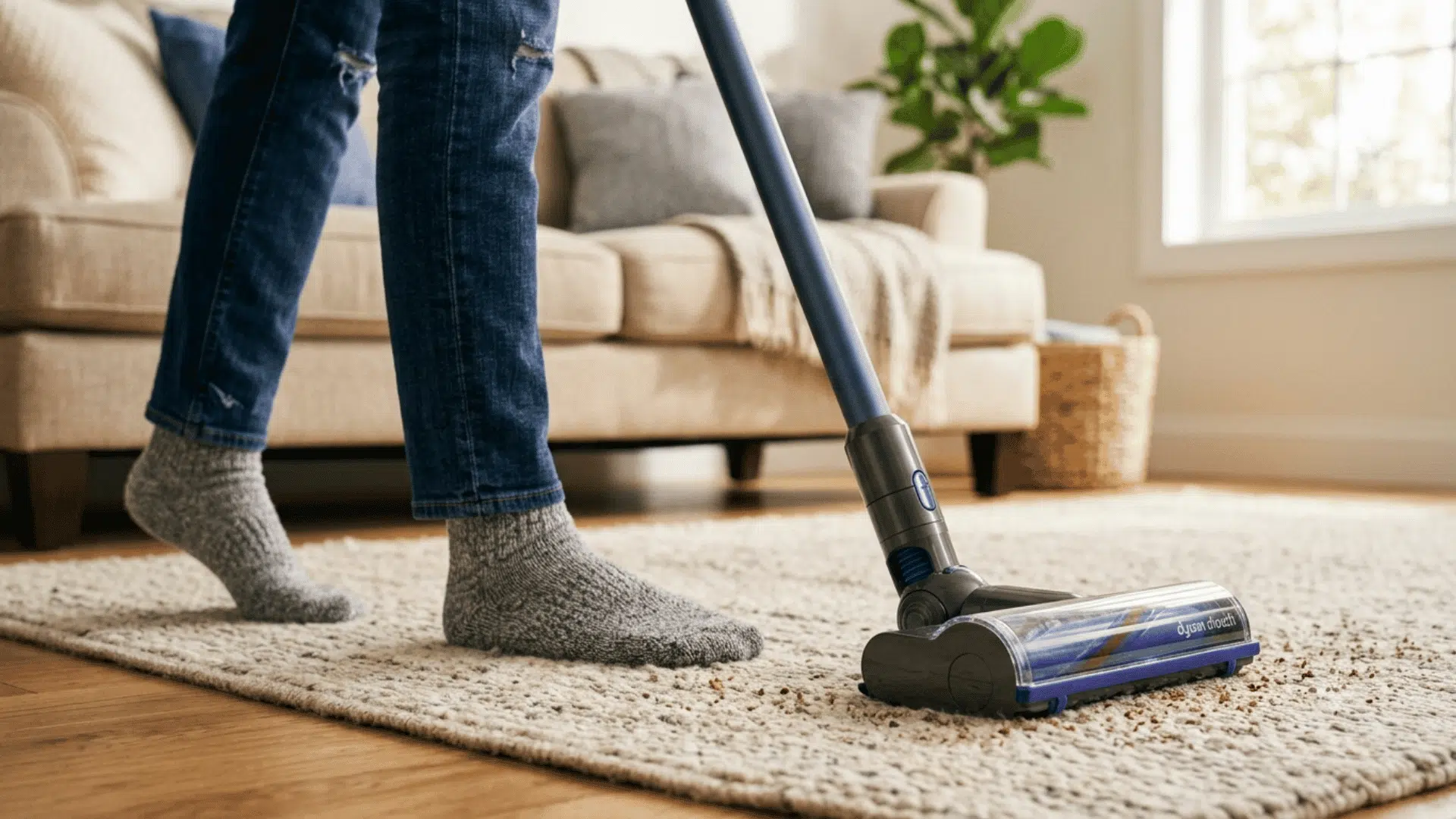 vacuum cleaner removing dust from a living room carpet