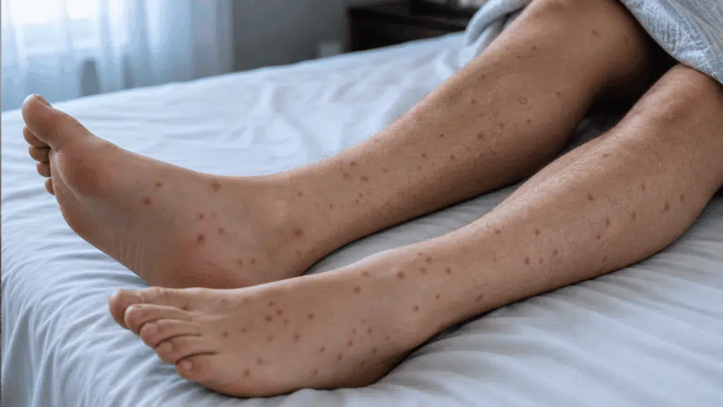 Close-up of both lower legs showing scattered red insect bites while resting on a bed with light-colored sheets.
