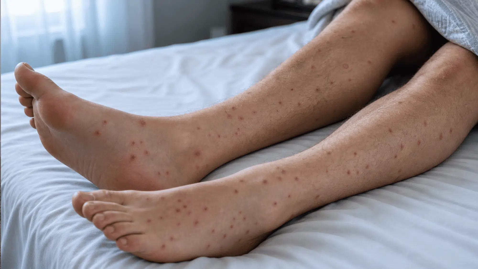Close-up of both lower legs showing scattered red insect bites while resting on a bed with light-colored sheets.