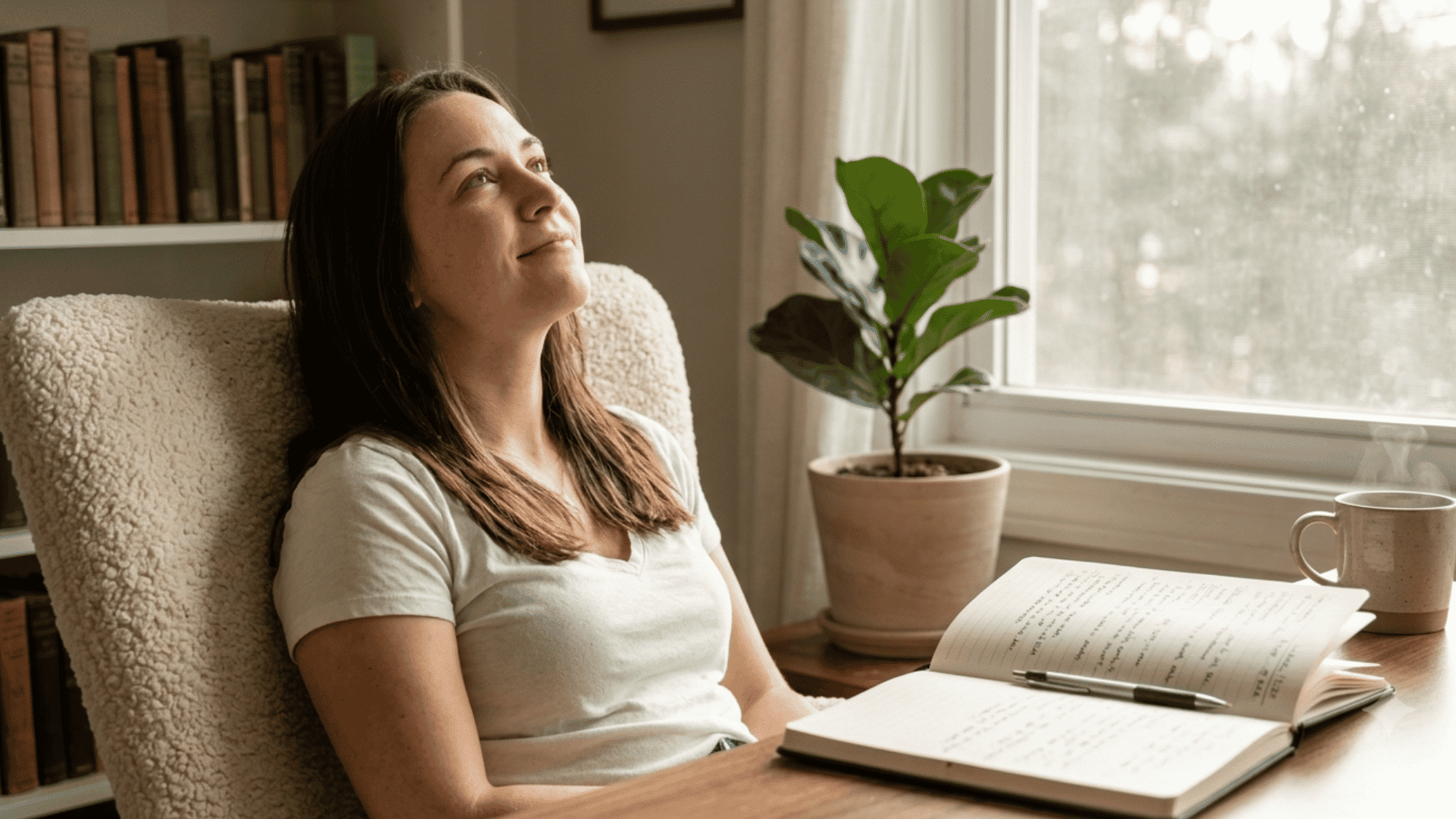 Woman leaning back in a cozy chair with an open journal, pen, coffee mug, and plant on her desk.
