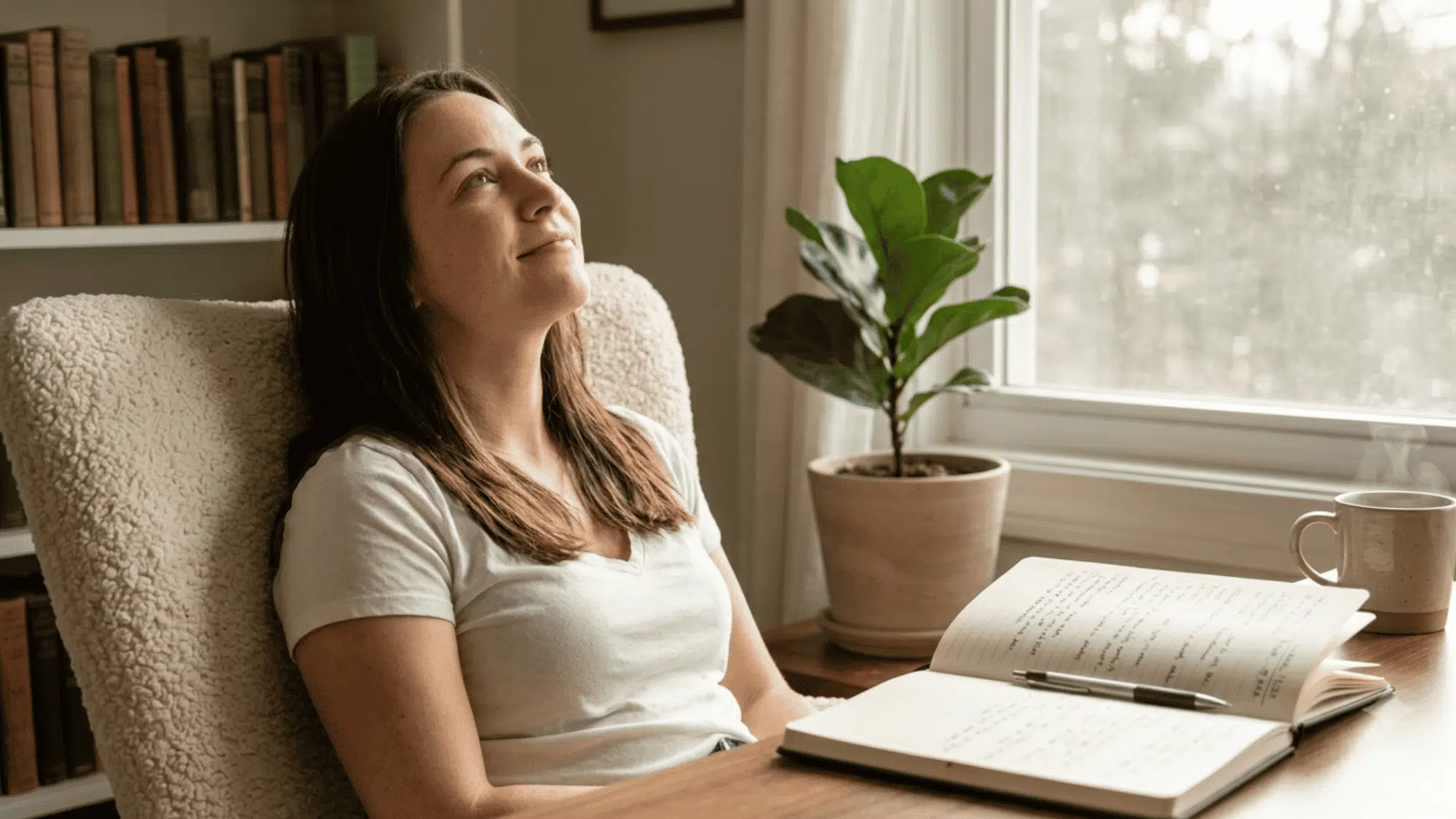 Woman leaning back in a cozy chair with an open journal, pen, coffee mug, and plant on her desk.