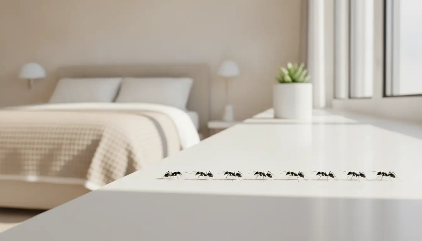 Ants walking in a line on white surface in sunny bedroom with bed and potted plant
