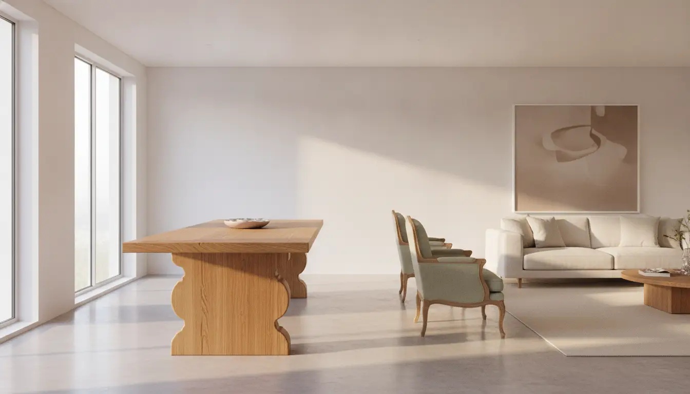 Minimalist living room with wooden dining table, light green chairs, and beige sofa in natural light