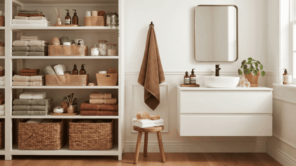 organized bathroom with folded towels, woven baskets, white vanity, mirror, and storage shelves