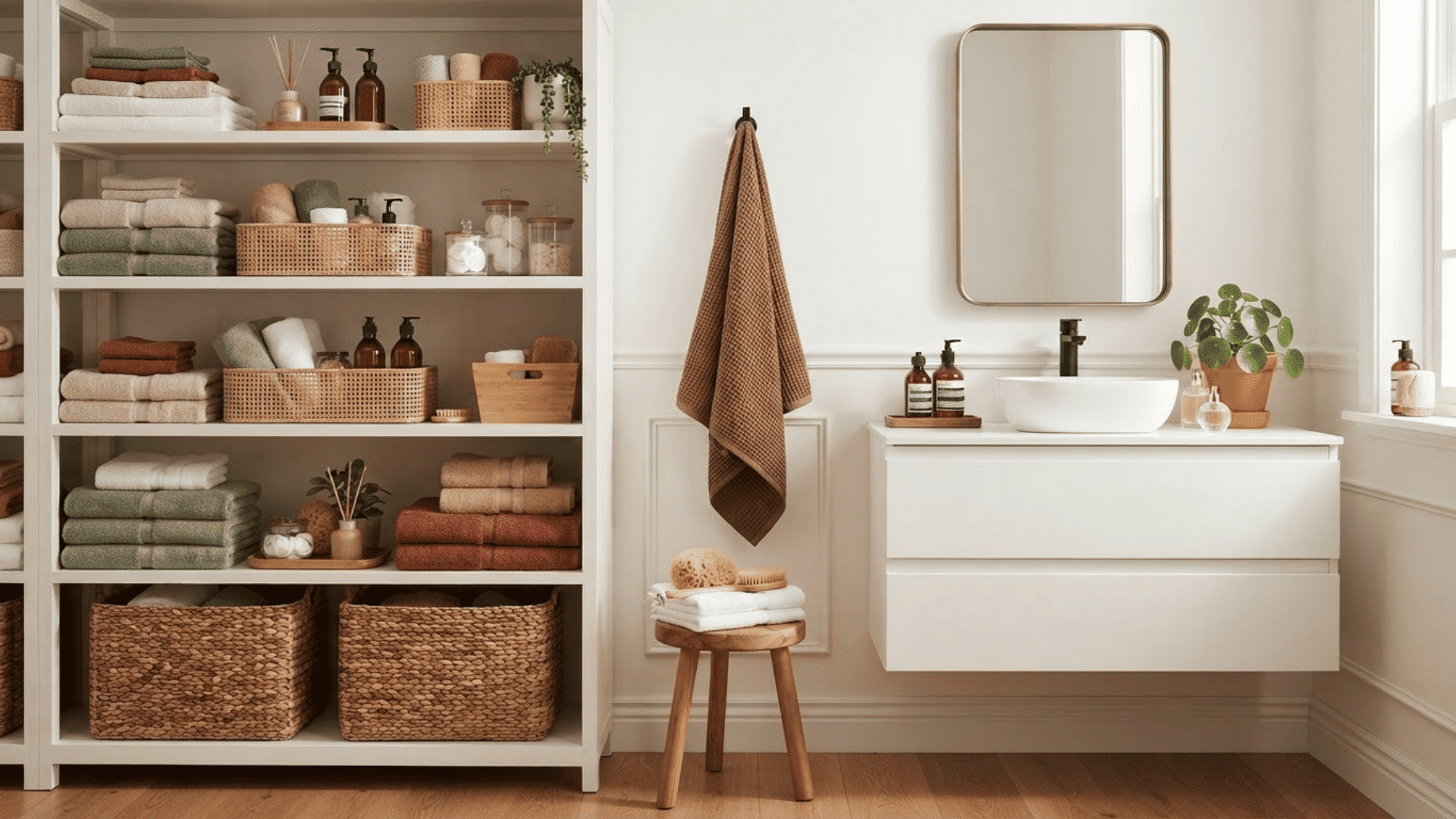 organized bathroom with folded towels, woven baskets, white vanity, mirror, and storage shelves