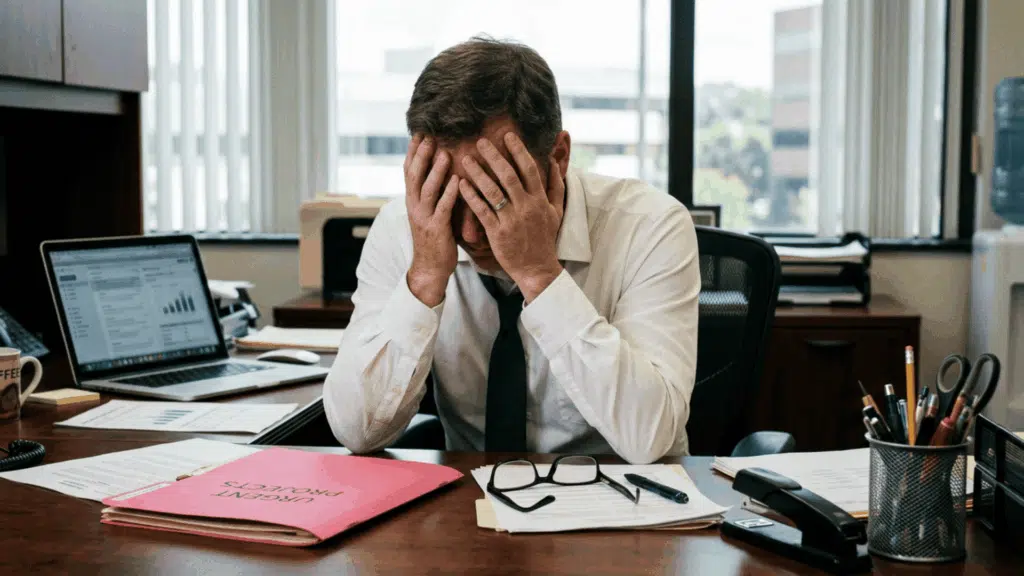 overwhelmed office worker holding his head at a cluttered desk while experiencing workplace burnout