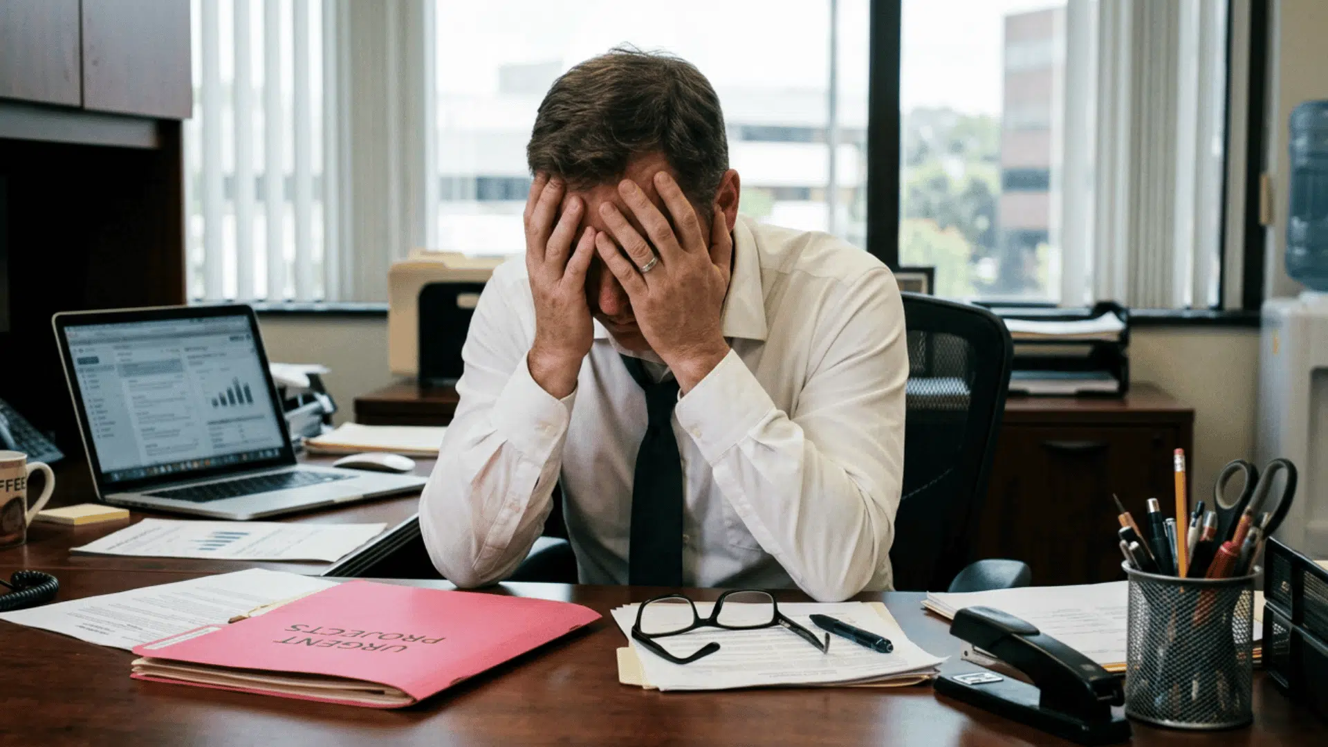 overwhelmed office worker holding his head at a cluttered desk while experiencing workplace burnout
