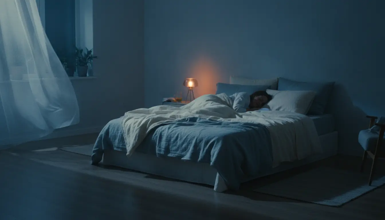 Sleeping person in cozy bedroom with soft lighting and flowing curtains at night