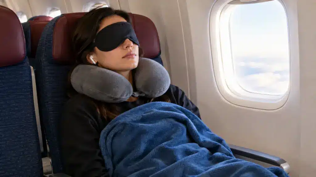 passenger sleeping in economy with an eye mask, neck pillow, blue blanket