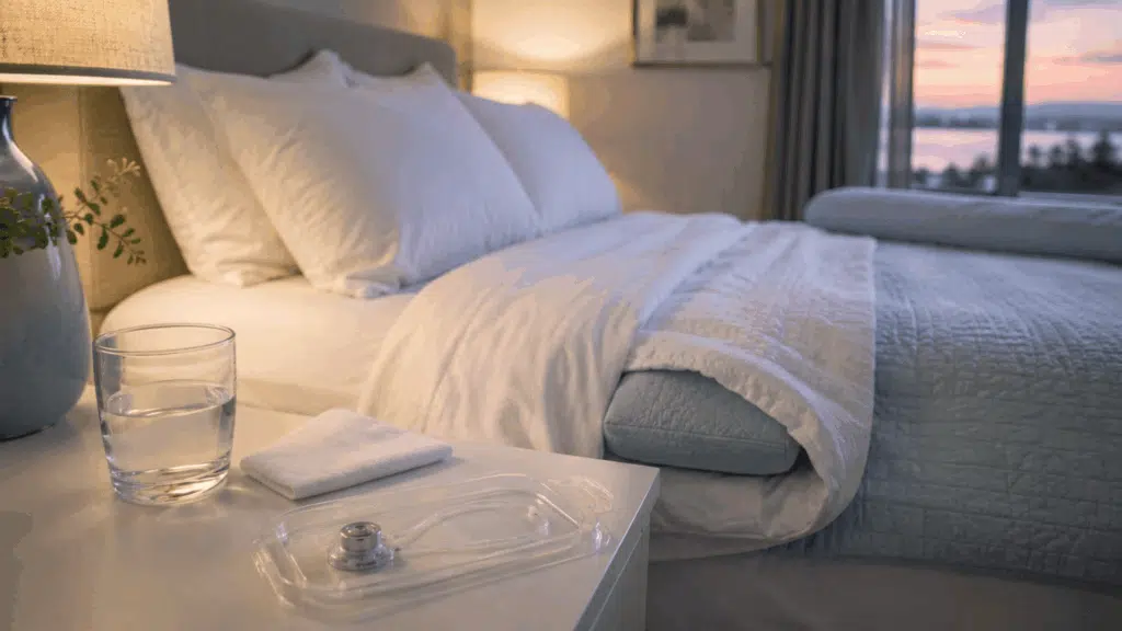 bedroom with supportive pillows, water, gauze, and a chemo port on bedside table