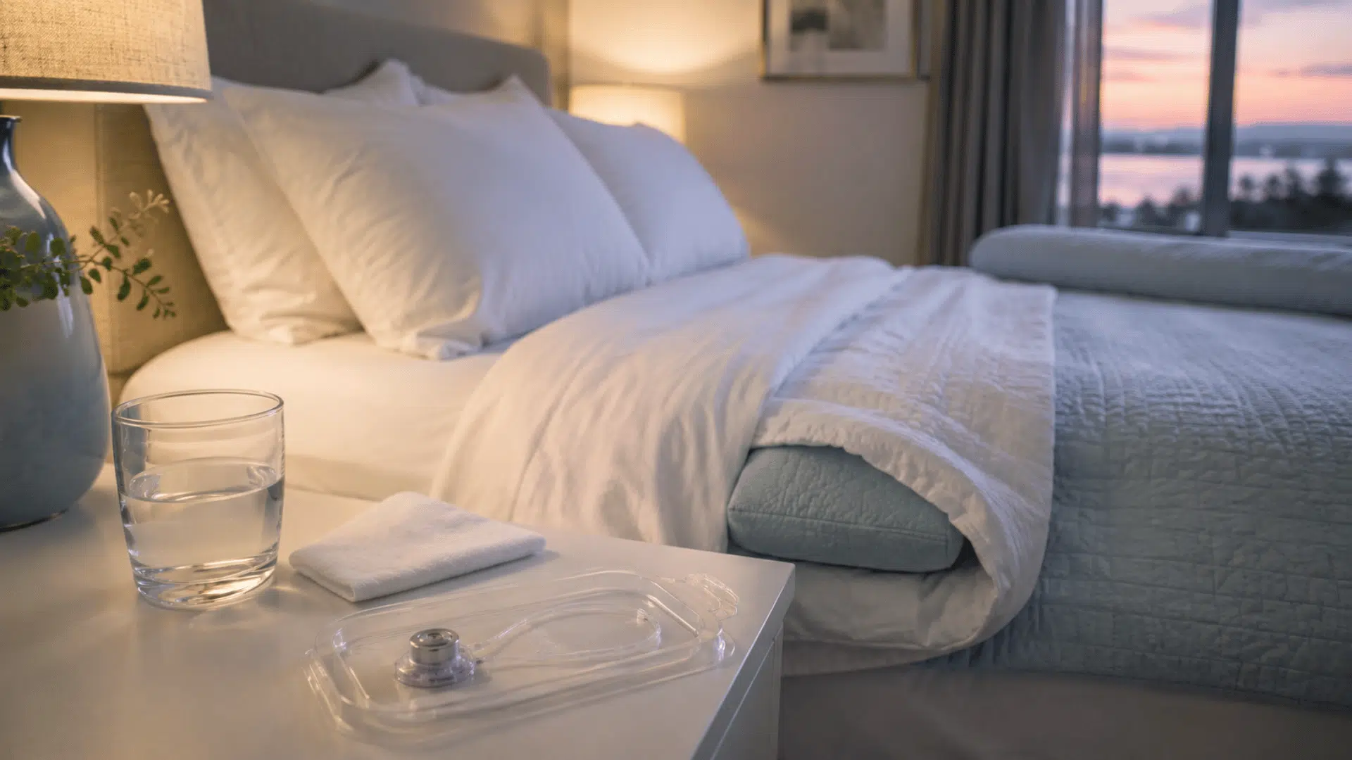 bedroom with supportive pillows, water, gauze, and a chemo port on bedside table