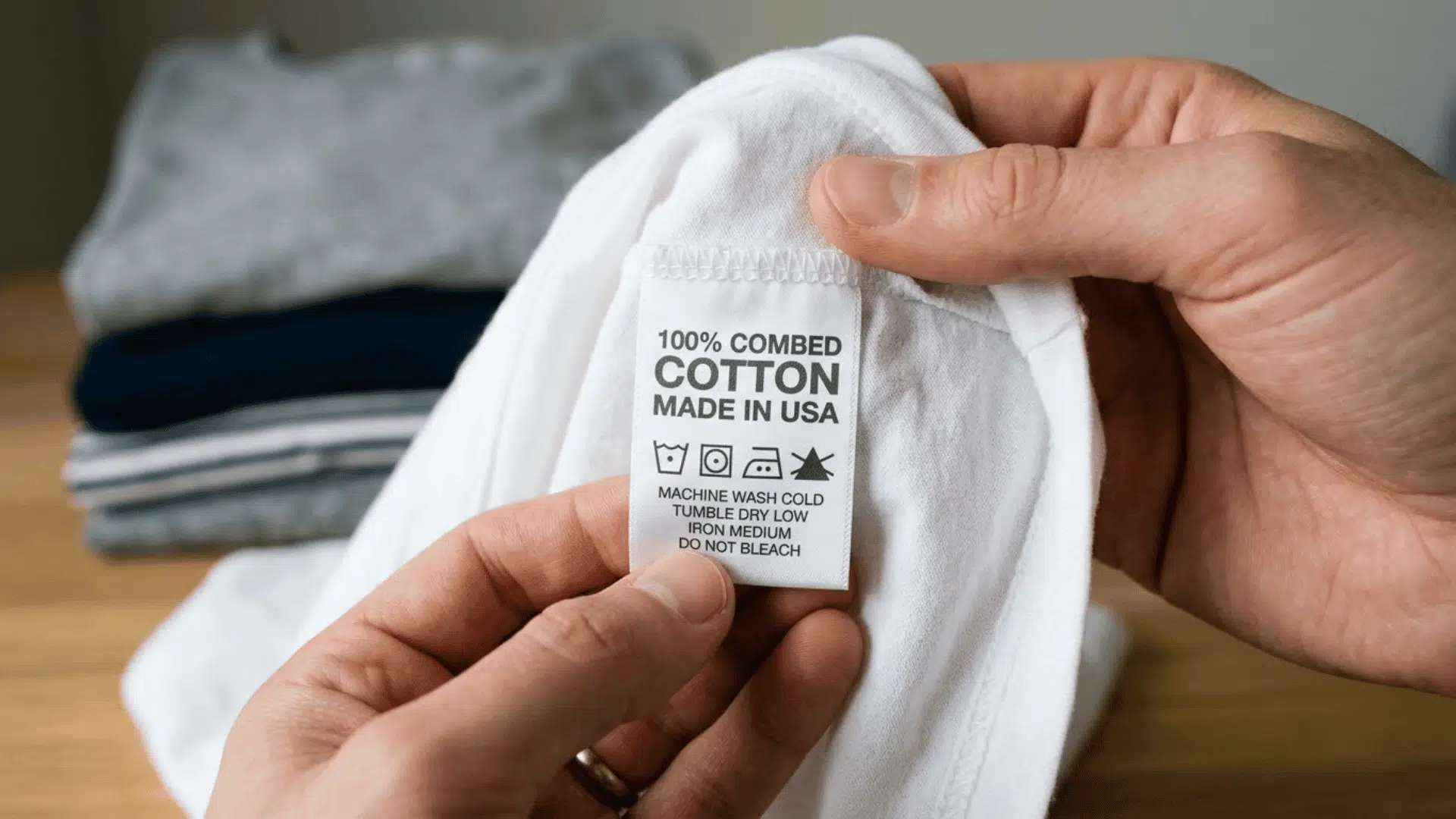 clothing tag clearly showing 100% combed cotton label with washing care symbols