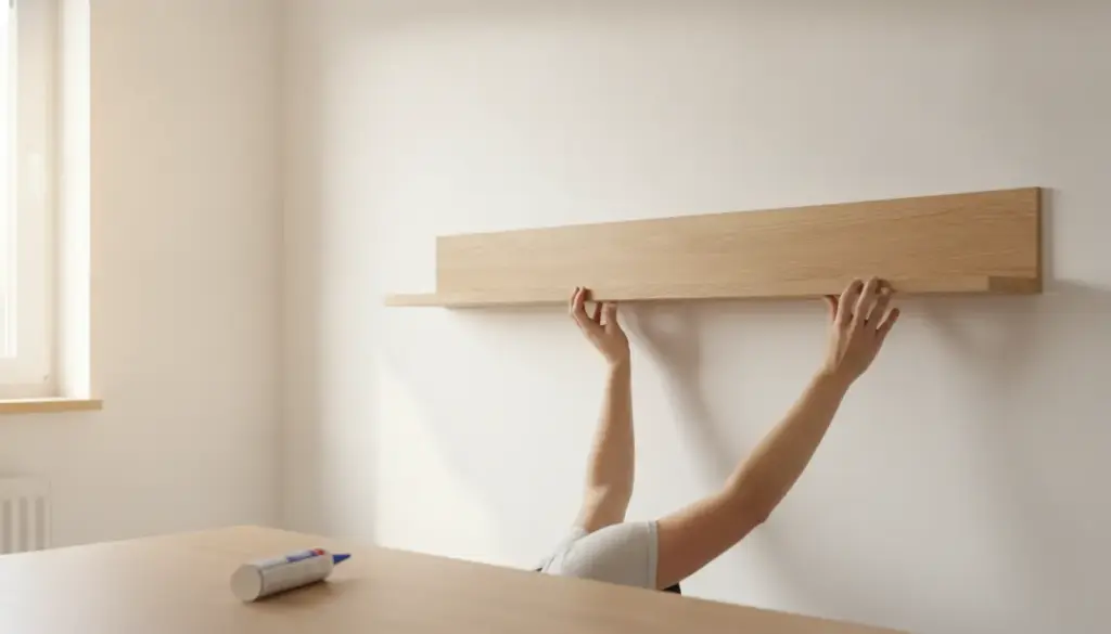 Wooden shelf being installed on a white wall in sunlit room with adhesive tube nearby