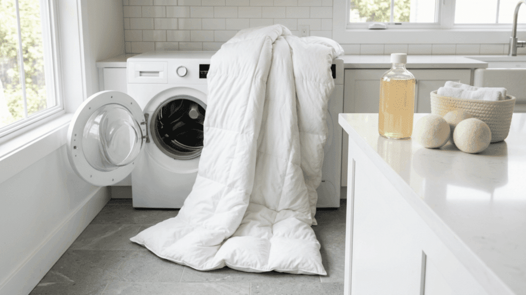 white down comforter beside an open washer with detergent and dryer balls