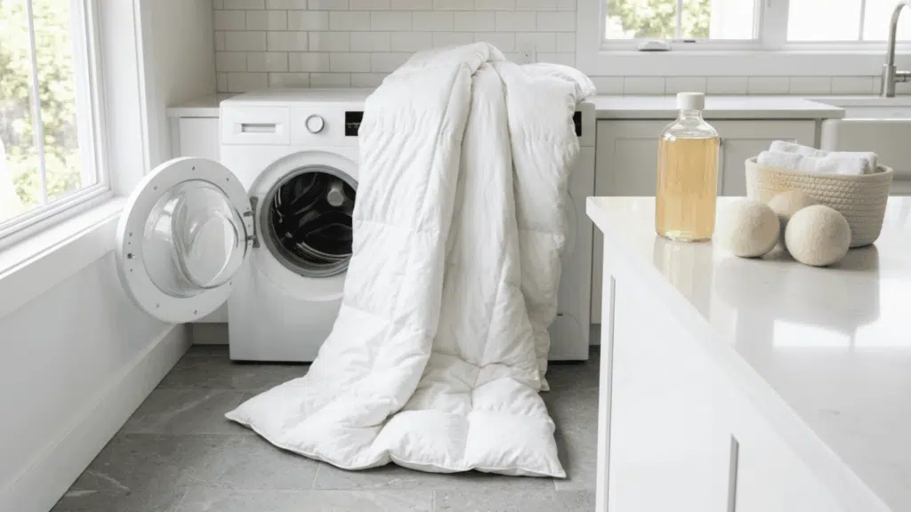 white down comforter beside an open washer with detergent and dryer balls