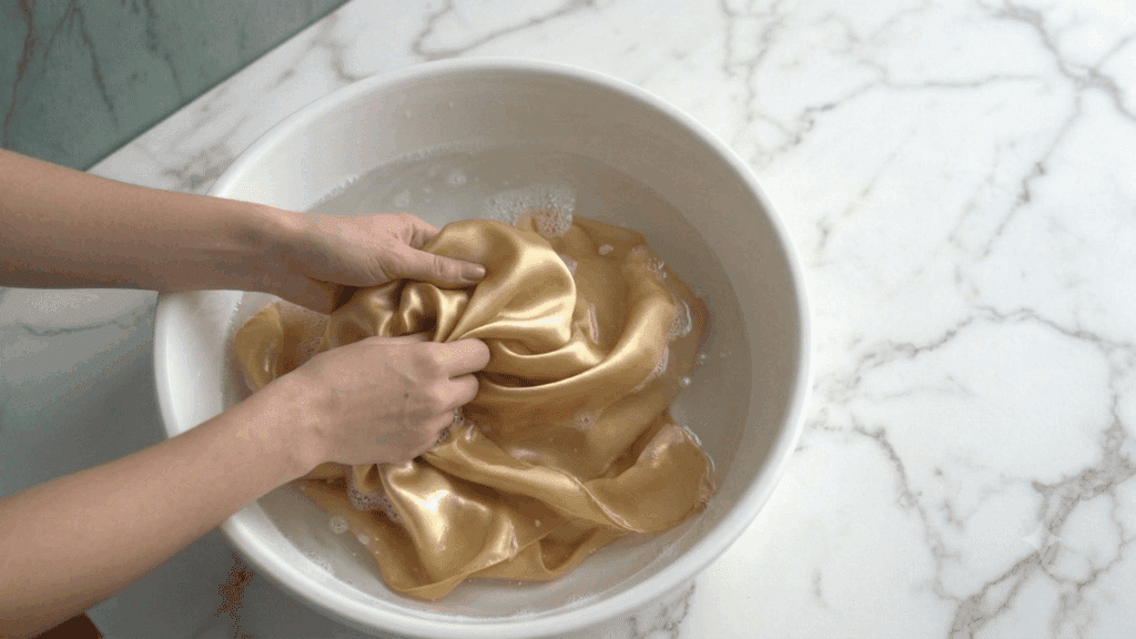 Hands gently washing a gold silk pillowcase in a white basin filled with soapy water.