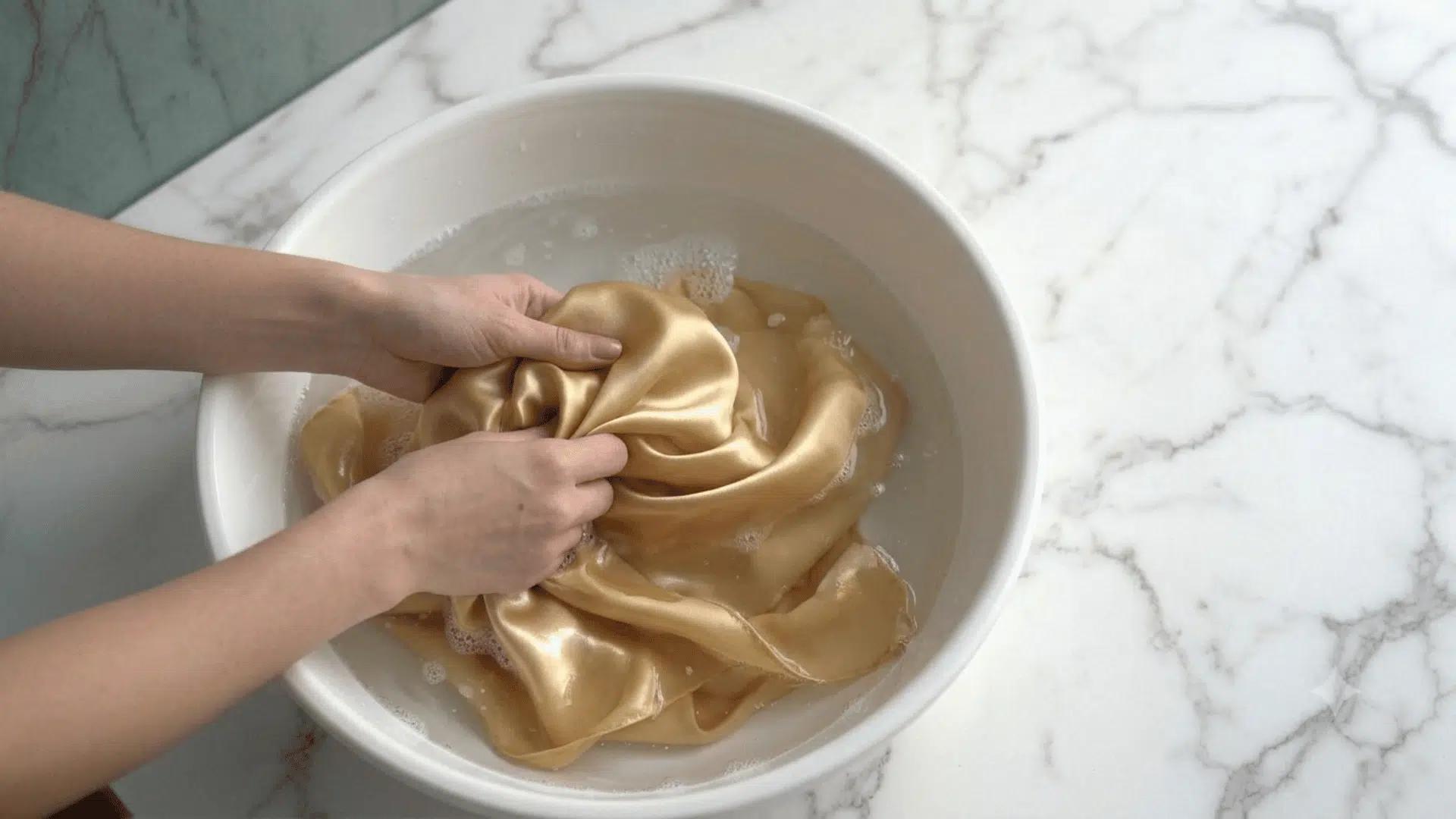 Hands gently washing a gold silk pillowcase in a white basin filled with soapy water.