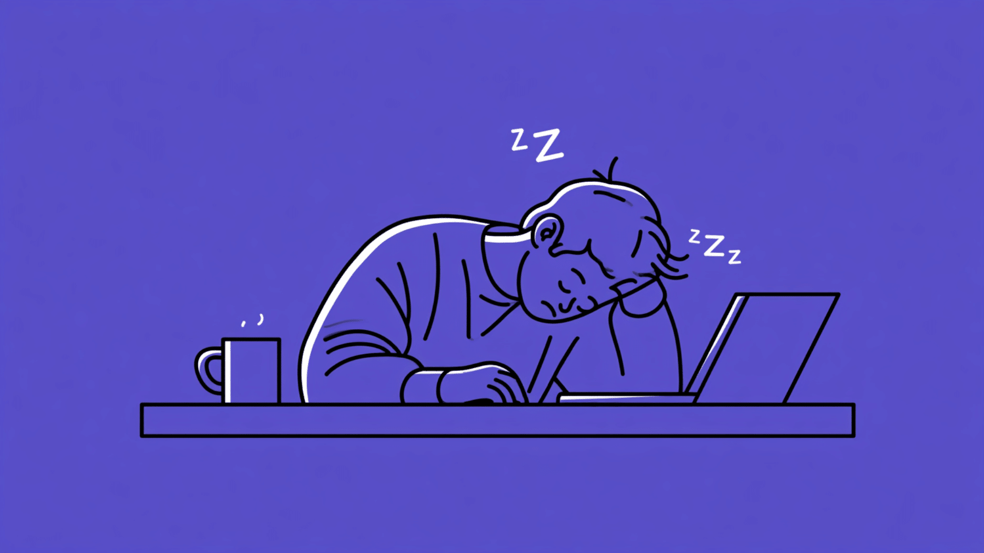 Illustration of a person sleeping at a desk showing daytime sleepiness linked to narcolepsy.