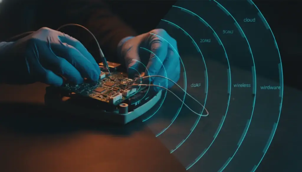 Technician with gloved hands working on circuit board in dimly lit room with digital overlay
