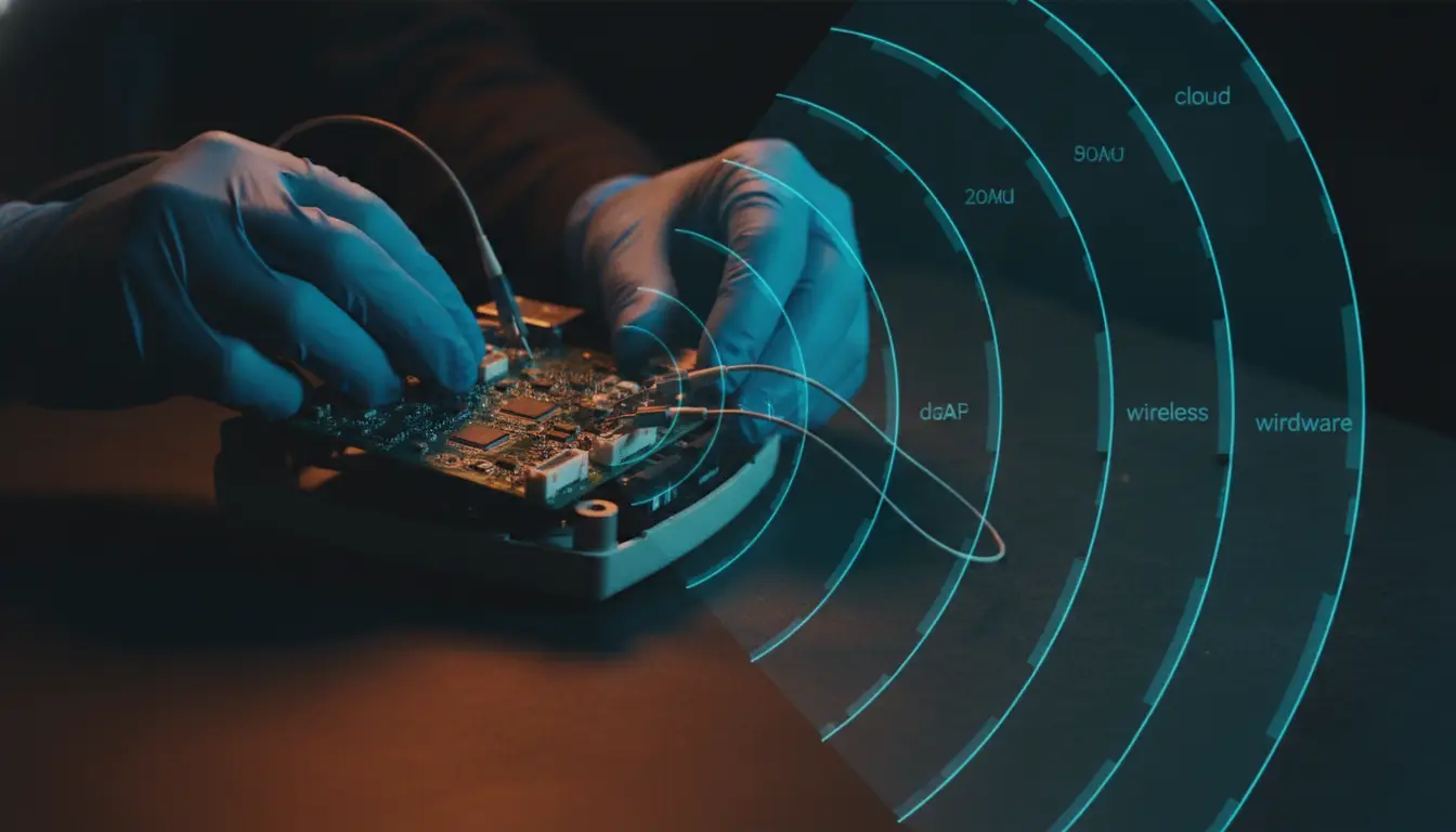 Technician with gloved hands working on circuit board in dimly lit room with digital overlay