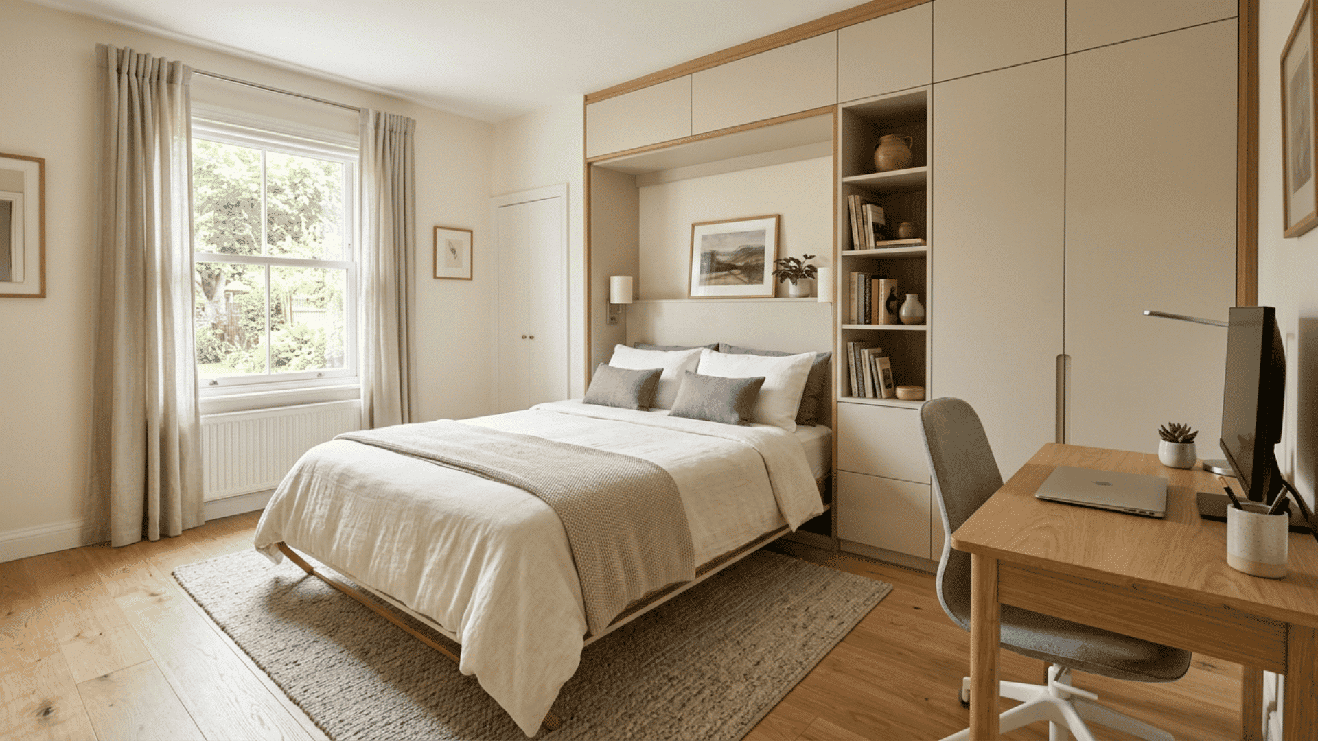 Guest room office with a Murphy bed opened from fitted wall cabinets