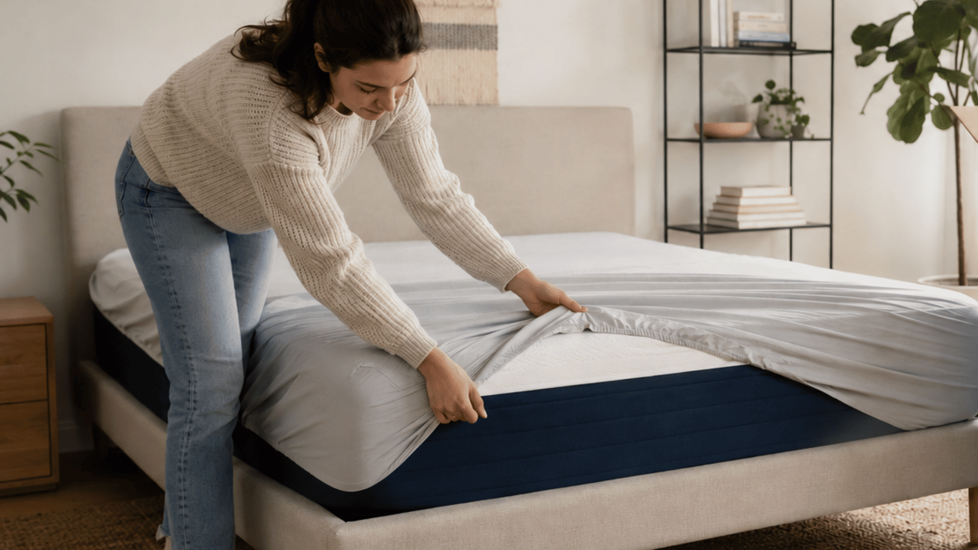 woman fitting a sheet over a navy blue helix mattress in a bedroom