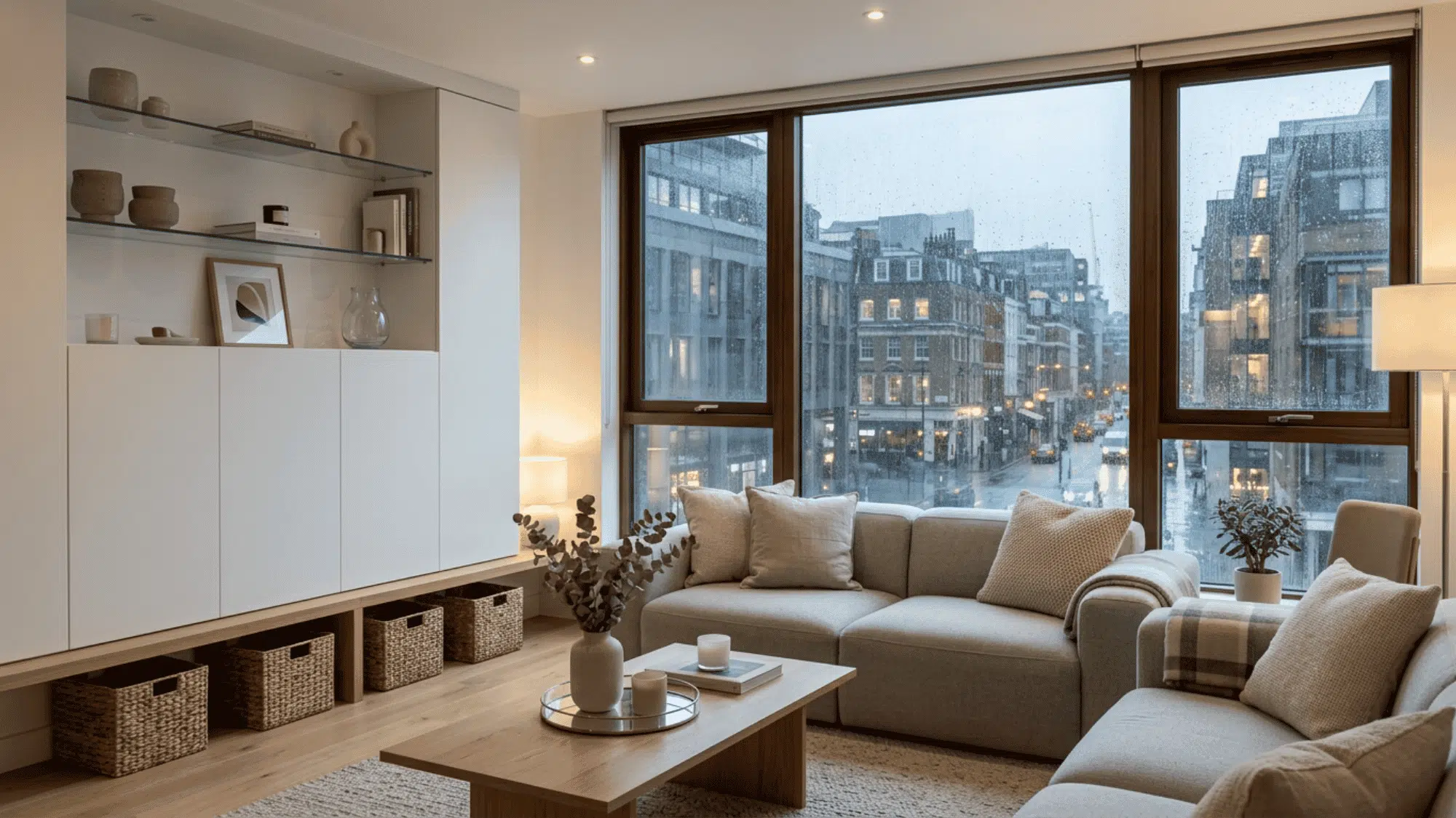Tidy cozy living room with baskets, trays, closed storage, neat shelves, and warm lighting.