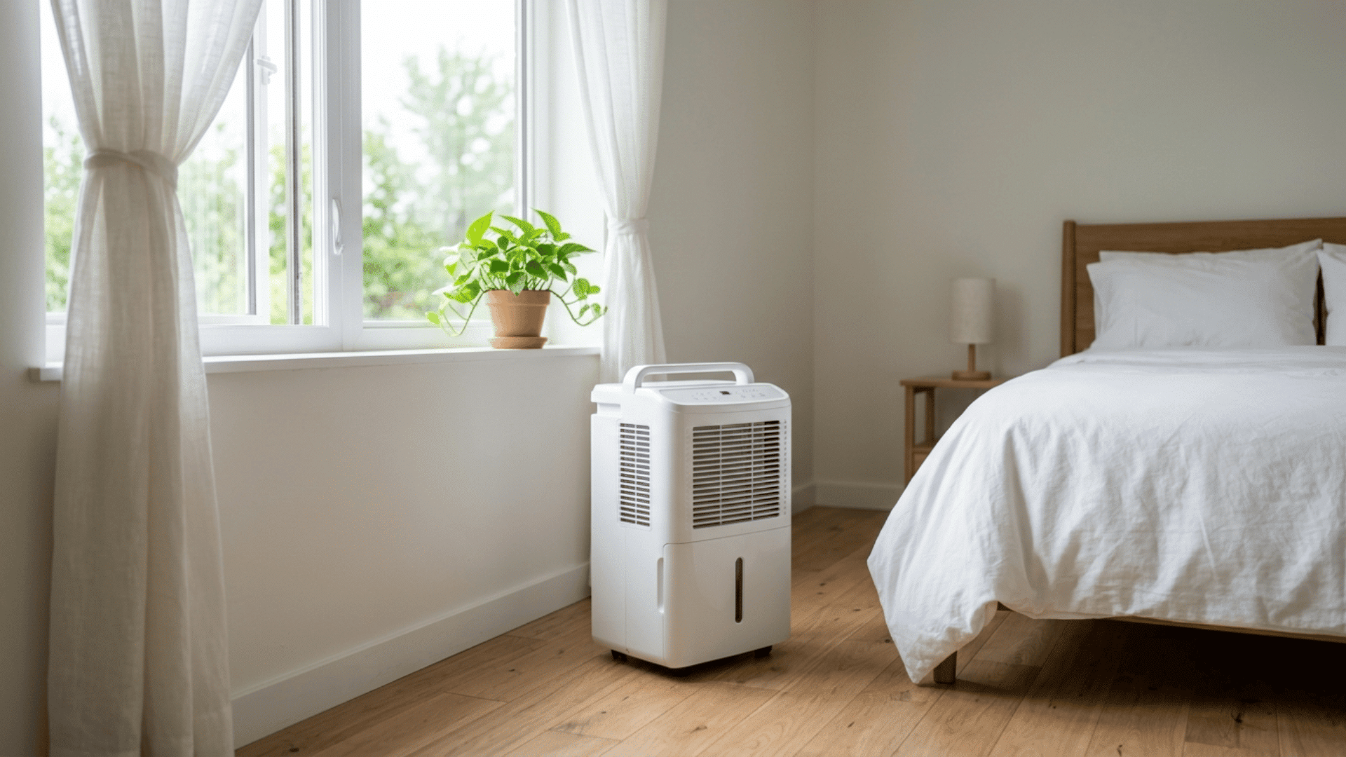white dehumidifier placed in a bright bedroom for moisture control