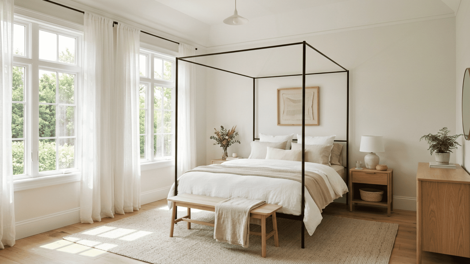 Bright guest bedroom with sheer curtains, pale bedding, and a canopy bed