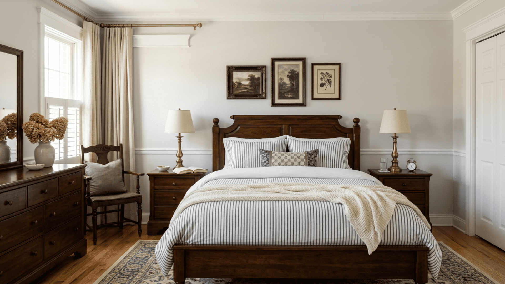 Classic guest bedroom with dark wood furniture and striped bedding