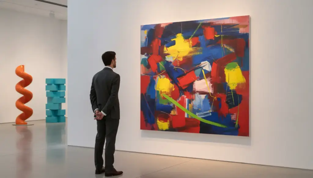 Man in suit observing abstract painting in modern art gallery with sculptures in background