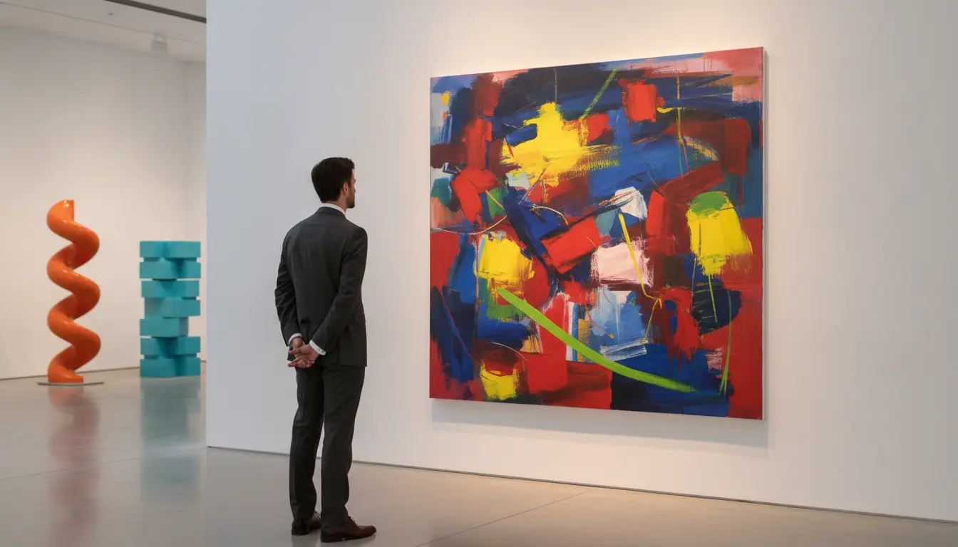 Man in suit observing abstract painting in modern art gallery with sculptures in background