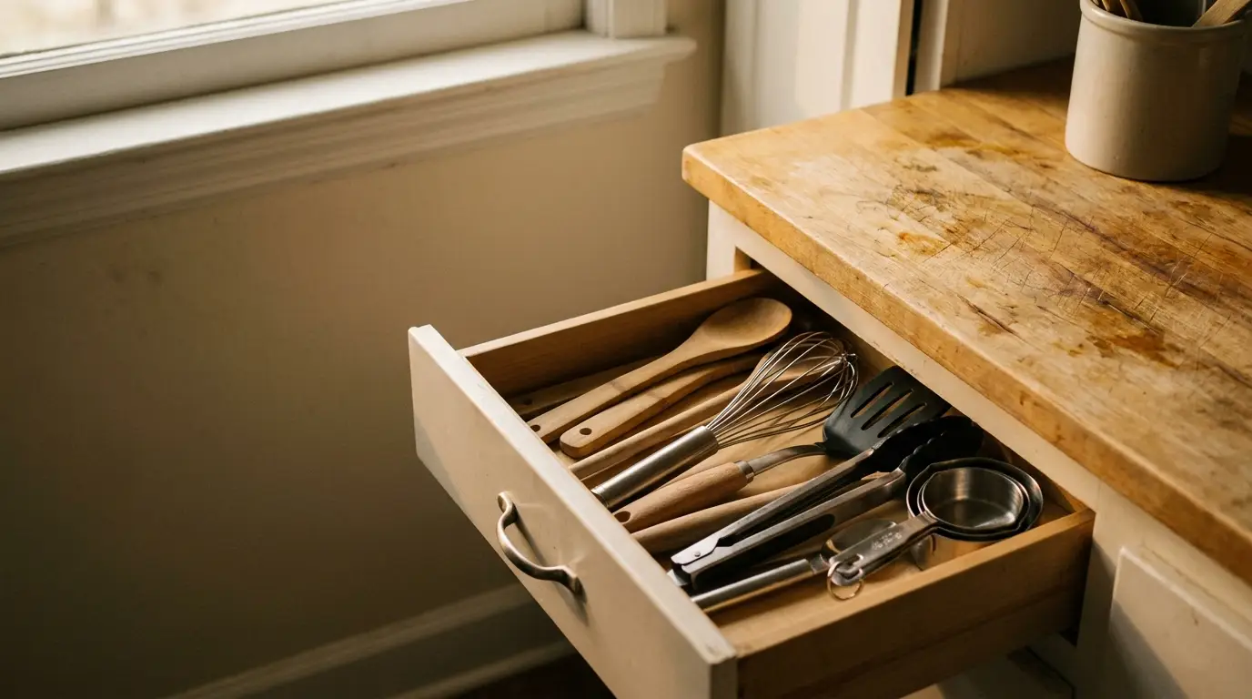 Open kitchen drawer with wooden and metal utensils, beside a light wooden countertop