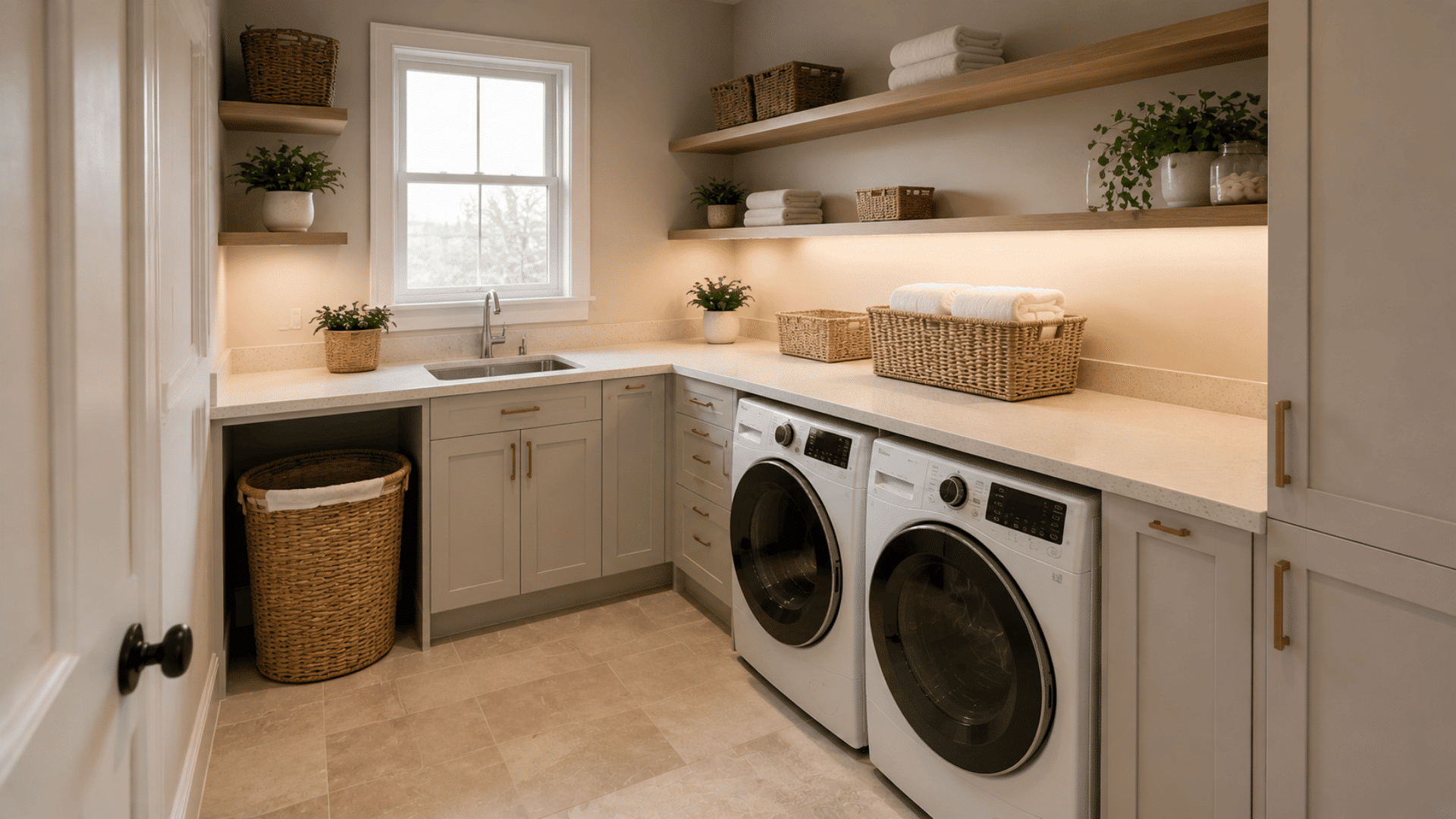 L-shaped laundry room with washer, dryer, sink, open shelves, baskets, and white counters