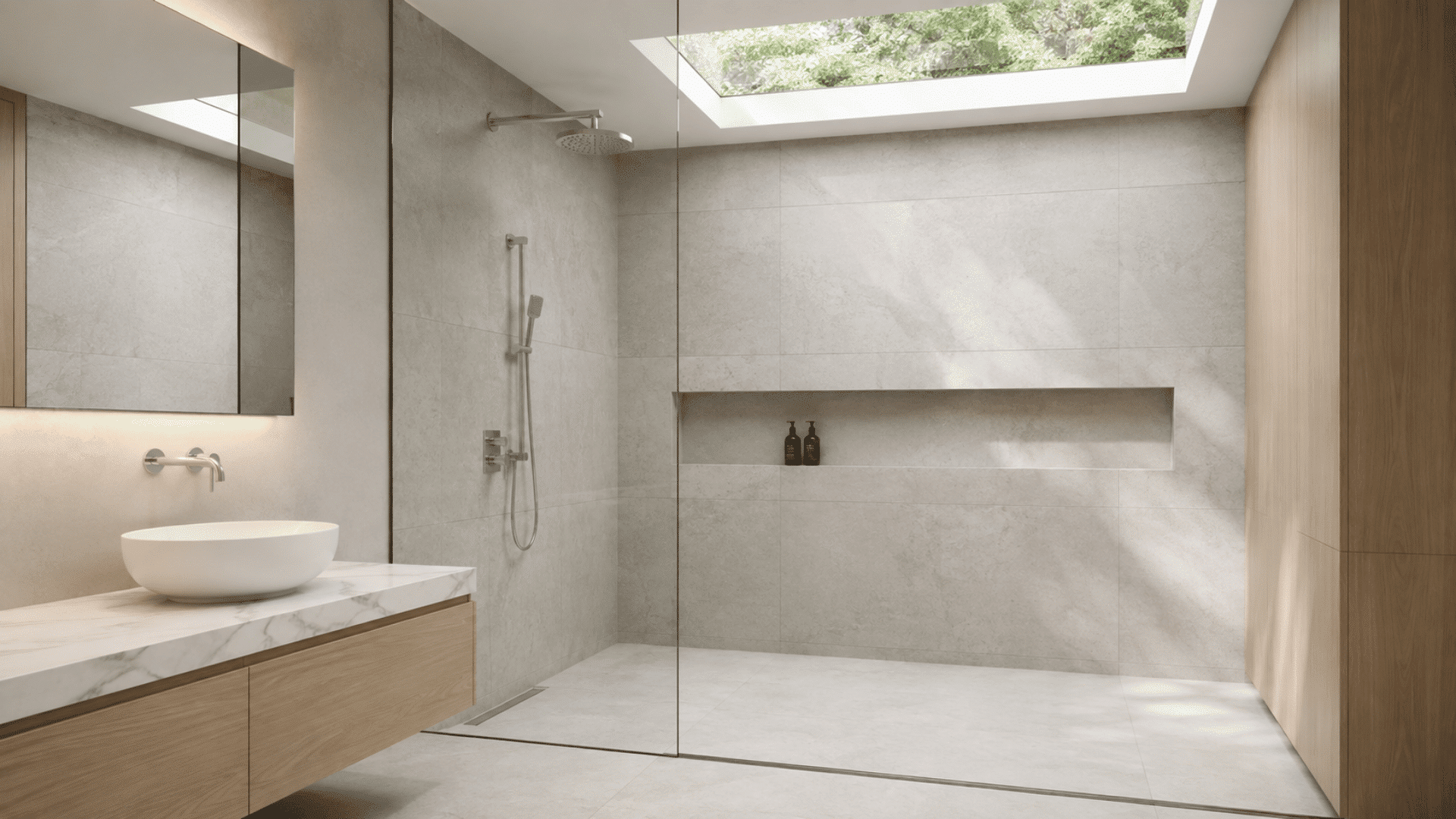 large walk-in shower with light stone tiles, glass panels, and skylight