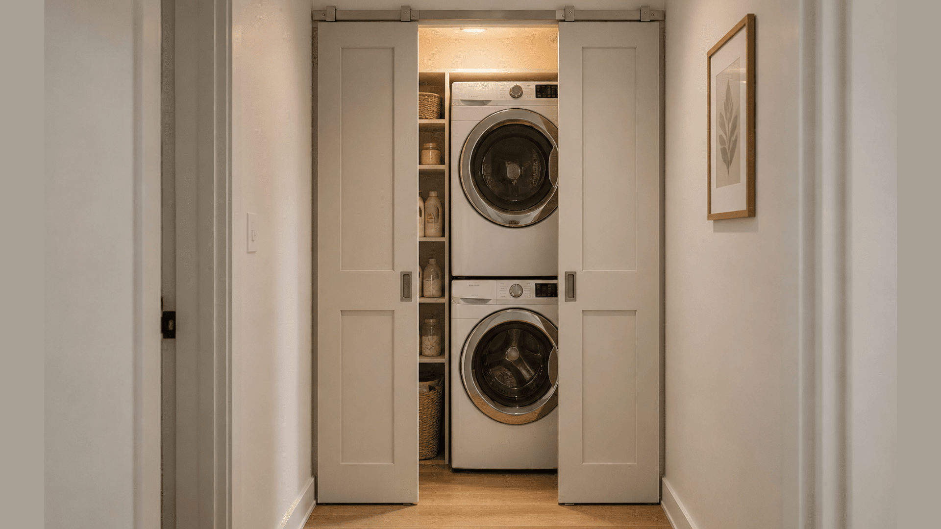 laundry closet with stacked washer and dryer behind space-saving sliding pocket doors