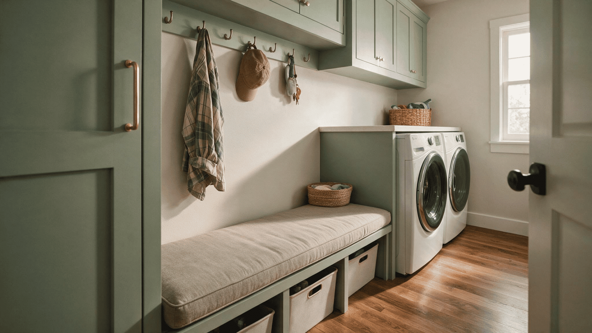 laundry room with sage green cabinets, built-in storage bench, hooks, and washer and dryer
