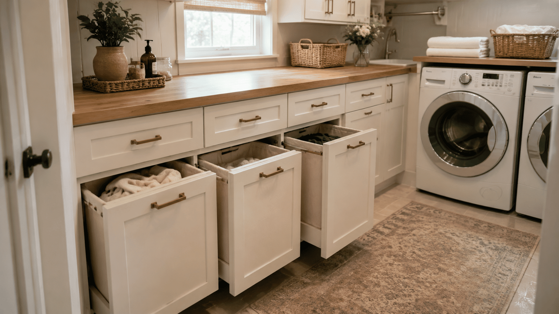 laundry room with slide-out hamper drawers, wooden counter, white cabinets, washer and dryer