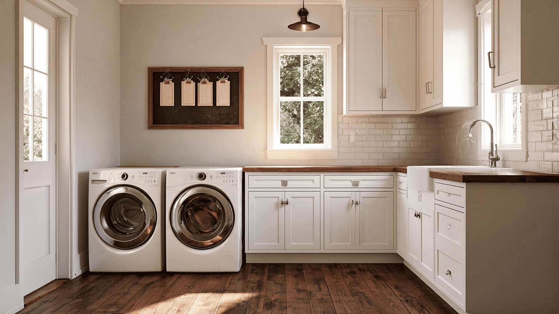 laundry room with washer, dryer, white cabinets, sink, and wall-mounted sorting board