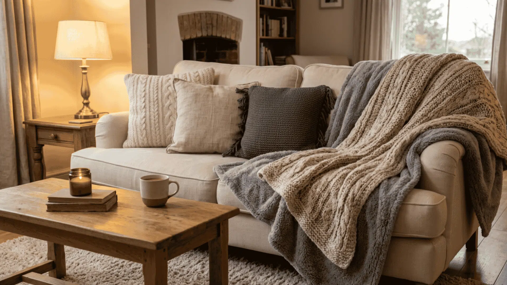 Cozy living room sofa with layered throw blankets, pillows, warm lamp light, and soft rug.