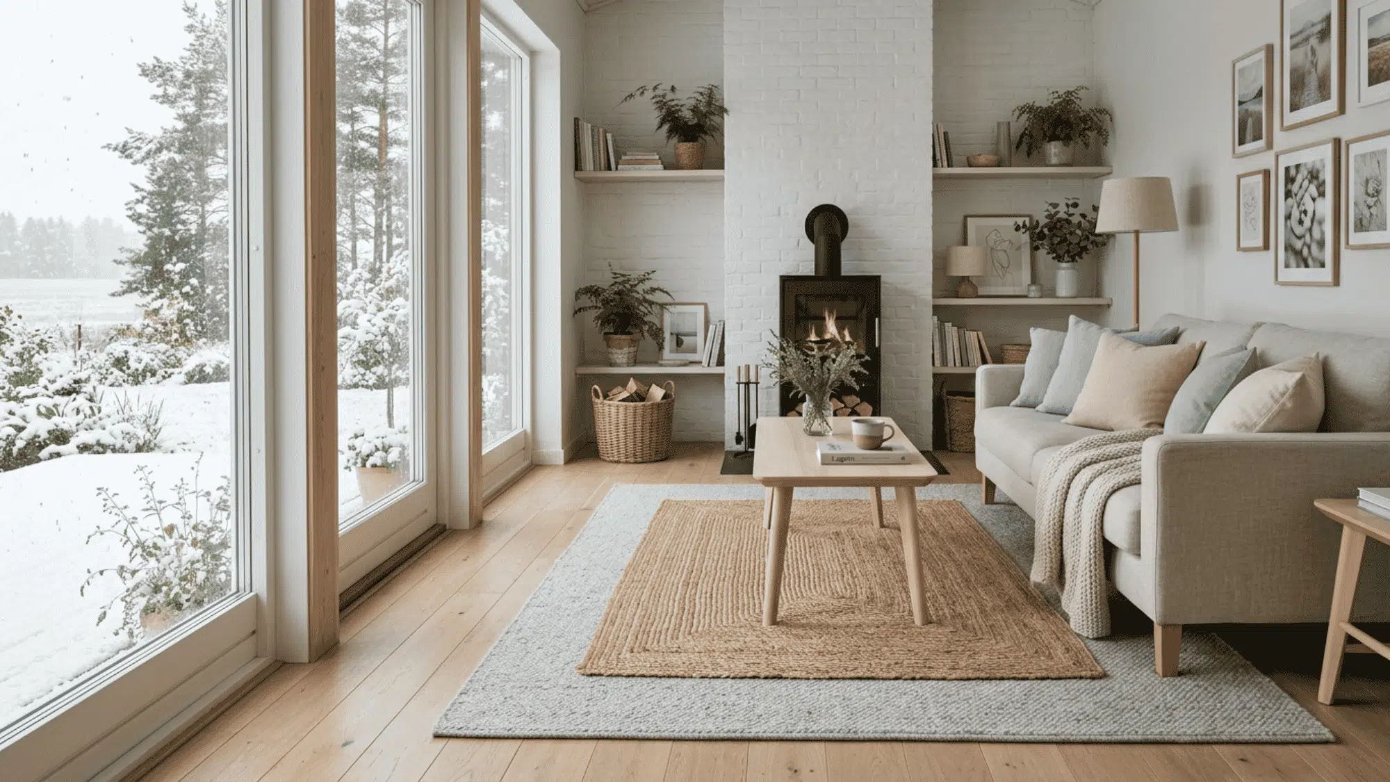 Warm living room with layered rugs, cozy seating, wood coffee table, and neutral decor.