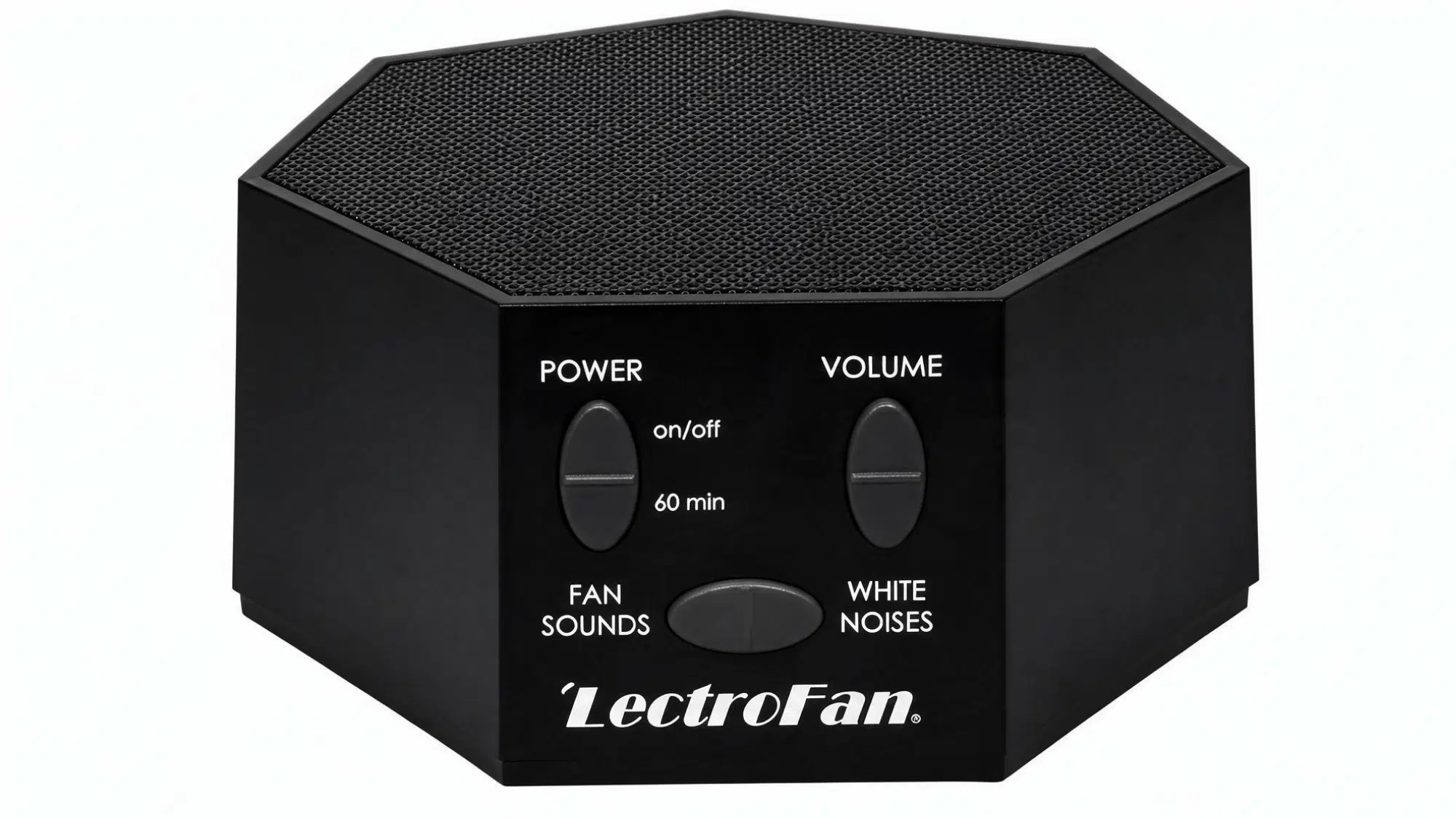 lectrofan classic white noise machine with black hexagonal design, speaker grille, power button, and volume controls on a clean background