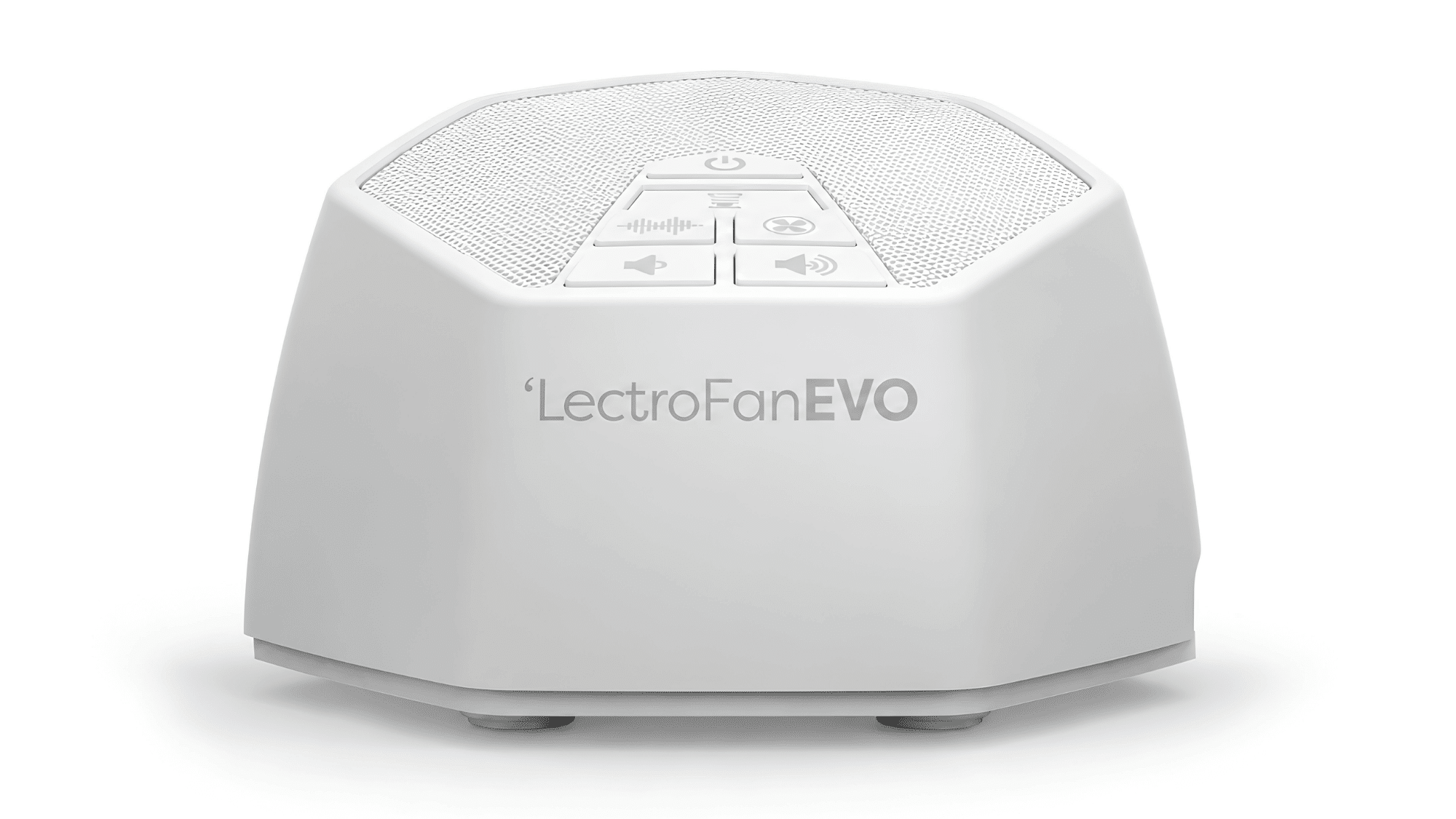 lectrofan evo white noise machine with compact white design, speaker grille, top control buttons, and angled base on a clean background