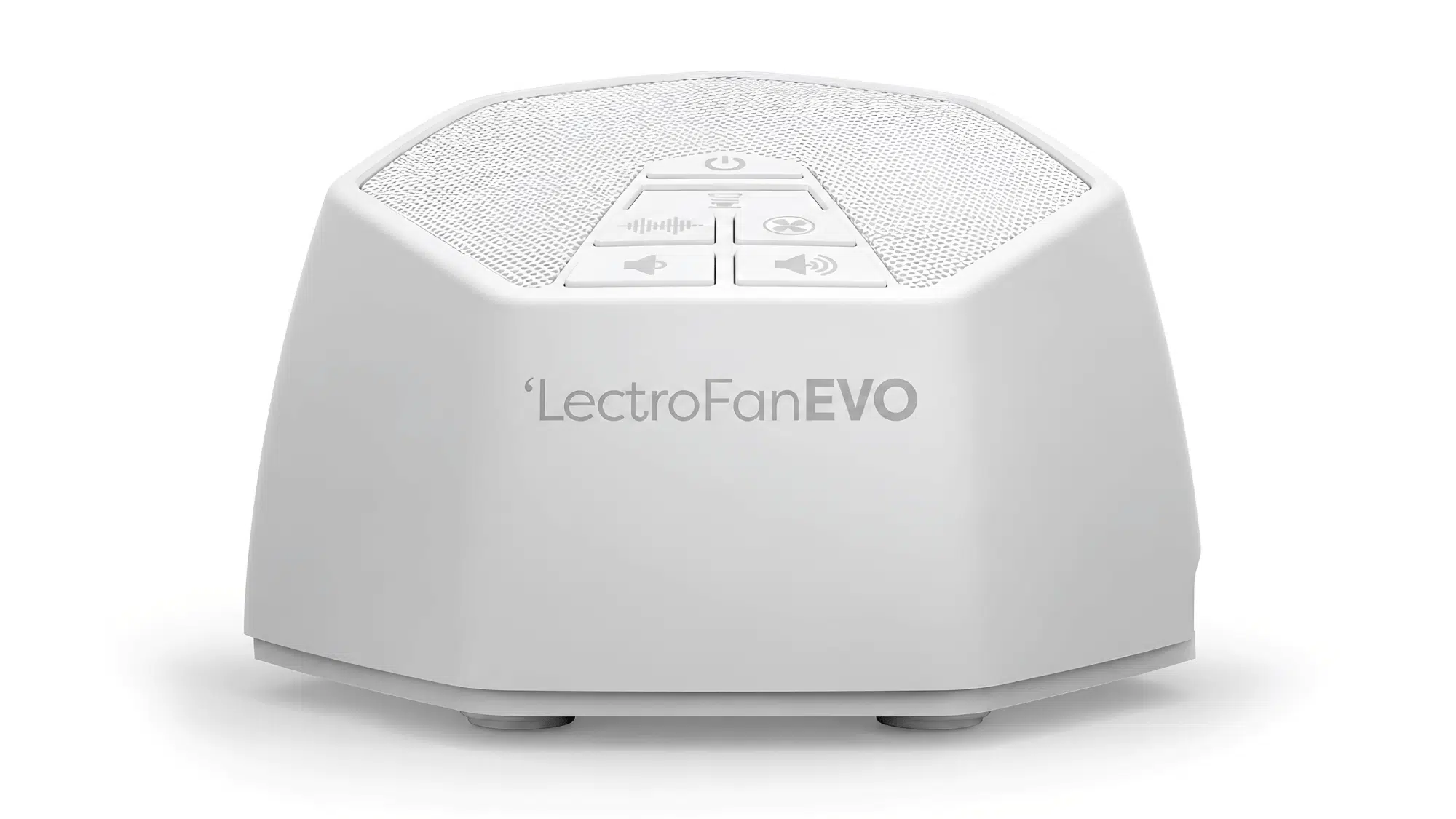 lectrofan evo white noise machine with compact white design, speaker grille, top control buttons, and angled base on a clean background
