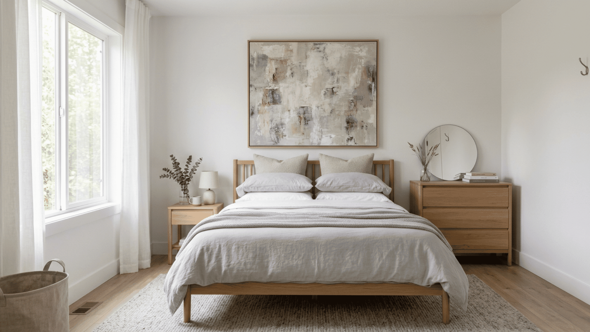 Neutral guest bedroom with large abstract artwork displayed above the bed