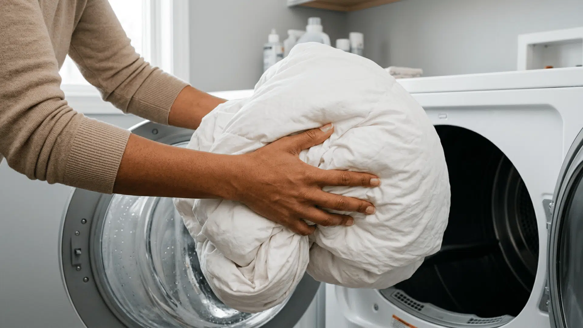 hands moving a wet white comforter from the washer into a nearby dryer