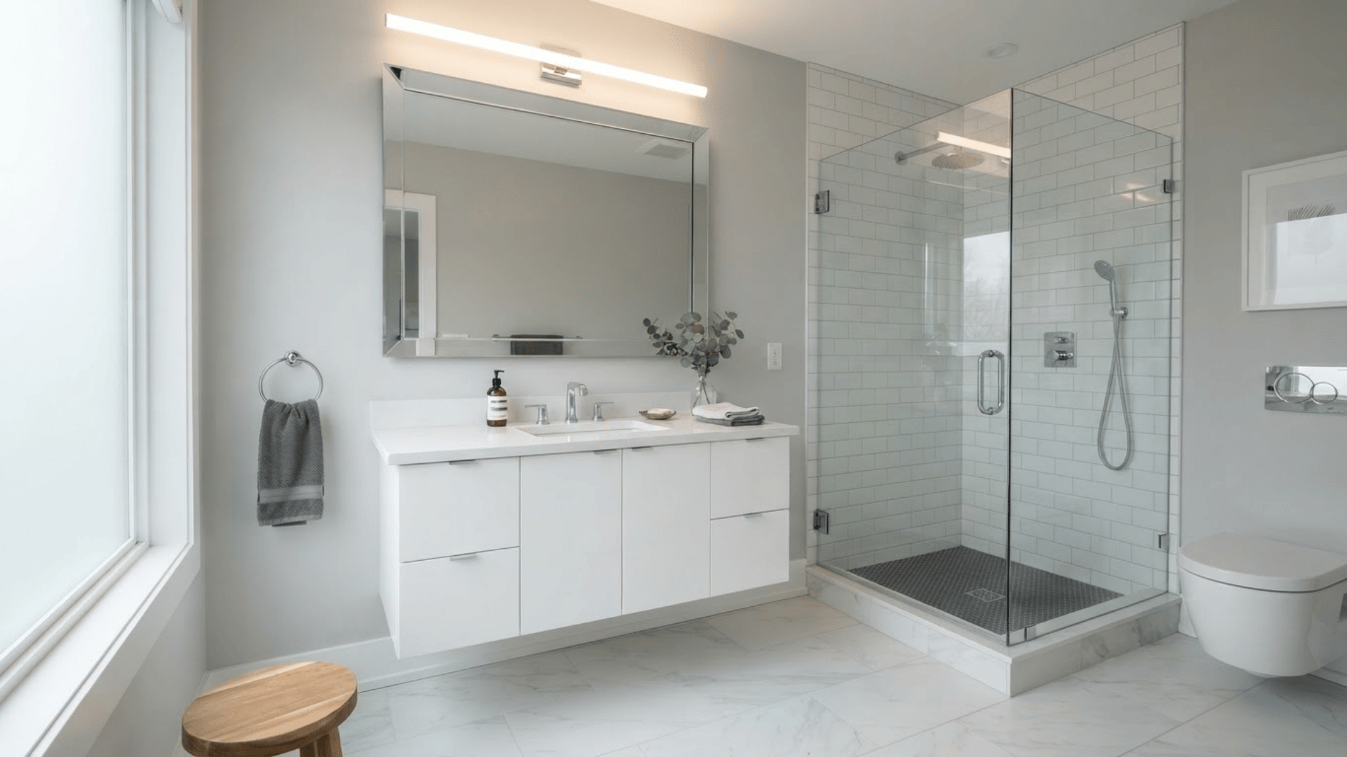 light gray bathroom with white vanity, marble shower, chrome fixtures, and gray floor
