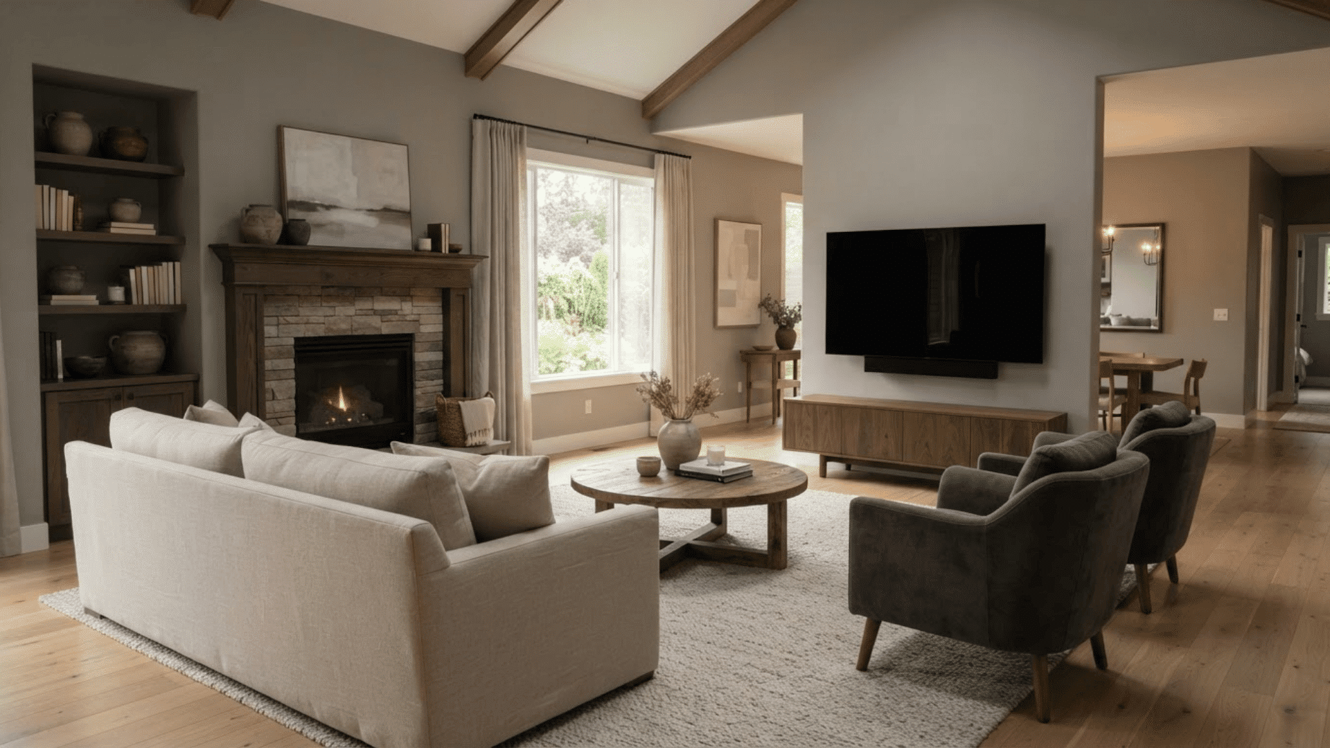 living room with fireplace and TV placed on separate walls with neutral seating