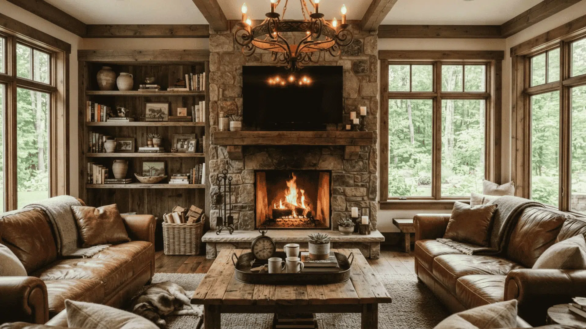 living room with fireplace and TV on separate walls with balanced seating and warm decor